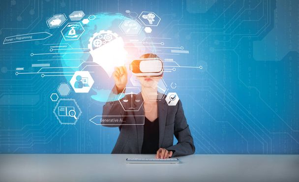 Smart business woman pointing at holographic while wearing VR goggles and sitting at table with keyboard. Project manager generated AI and coding engineering prompt and programing system. Contraption. - Photo, Image