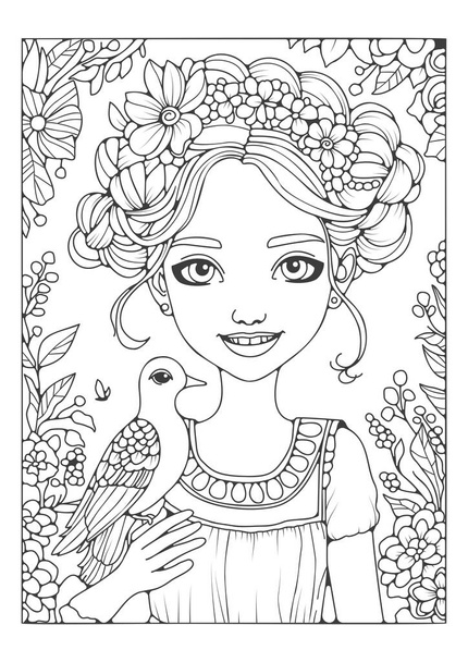 Página para colorir para crianças e adultos. Ilustração para colorir. Uma menina bonita com um belo penteado segura um pássaro em sua mão. - Vetor, Imagem