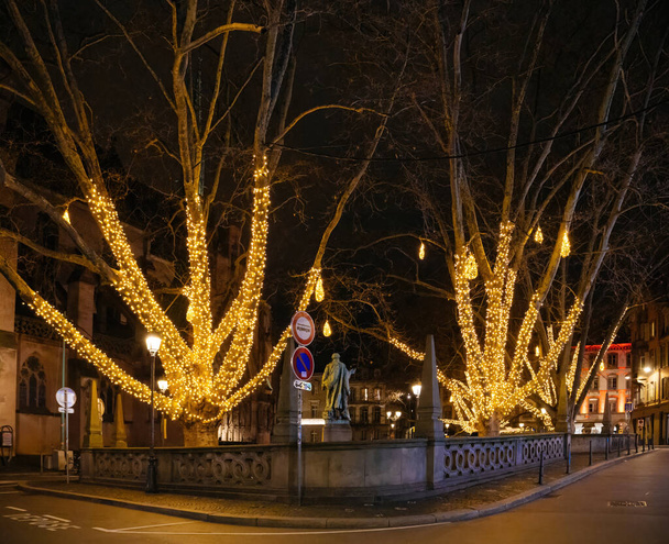 Mit goldenen Lichtern geschmückte Bäume am Place du Temple Neuf in Straßburg, die eine magische Nacht schaffen - Foto, Bild
