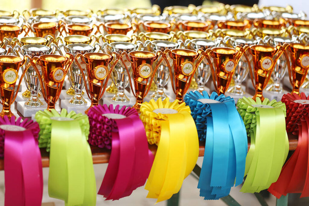 Gyönyörű színes trófeák és szalagok csoportja a szabadtéri lovas versenylovas rendezvény nyerteseinek és résztvevőinek       - Fotó, kép