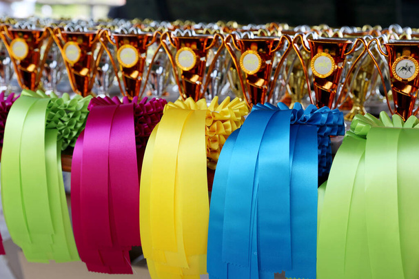 Grupo de hermosos trofeos coloridos y cintas para los ganadores y participantes en el evento ecuestre al aire libre caballo de carreras       - Foto, Imagen