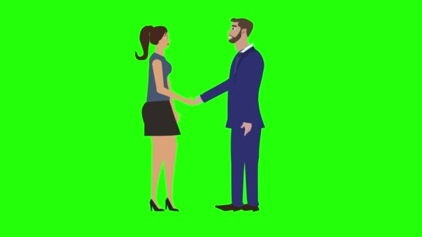 Mężczyzna i kobieta postać robi uścisk dłoni, animacja kreskówka, na zielony ekran chroma klucz - Materiał filmowy, wideo