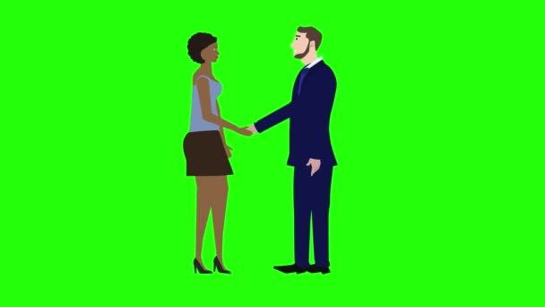 Hombre y mujer personaje haciendo apretón de manos, animación de dibujos animados, en la pantalla verde croma clave - Imágenes, Vídeo
