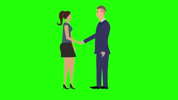 Mężczyzna i kobieta postać robi uścisk dłoni, animacja kreskówka, na zielony ekran chroma klucz - Materiał filmowy, wideo