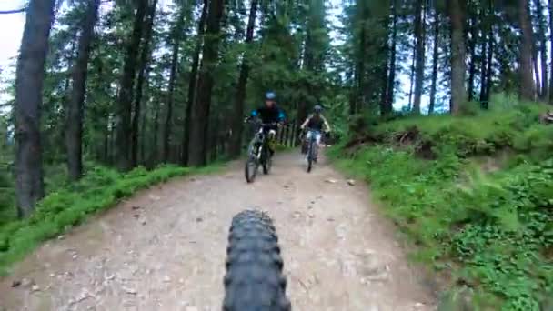 Ciclistas montando bicicletas eléctricas de montaña en el bosque. Concepto de aventura, tiempo libre al aire libre. - Imágenes, Vídeo