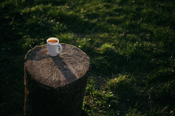 mok koffie, thee op een houten statief - Foto, afbeelding
