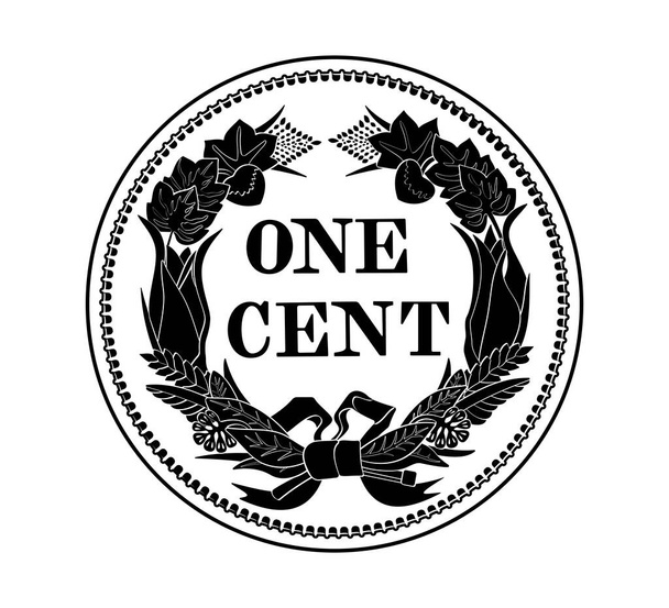 Vector de dinero americano, moneda de un centavo, 1857. La moneda está representada en blanco y negro. Ilustración vectorial. - Vector, imagen