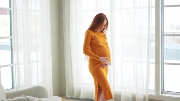 Těhotenství lidé očekávají budoucnost. Těhotná žena s velkým břichem stojí u okna doma. Dívka objímající své břicho užívající si těhotenství. Mateřství něha rodičovství nový životní koncept - Záběry, video