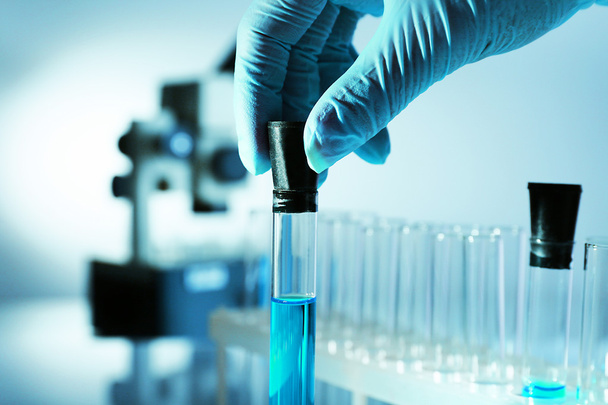 Test tube in scientist hand in laboratory - Zdjęcie, obraz