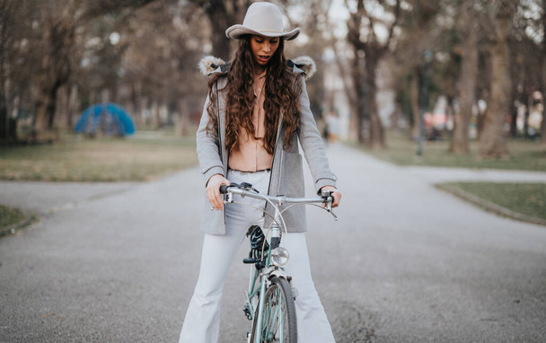 Nuori liikenainen polkupyörällään pitää rentouttavan tauon vihreän puiston rauhallisessa ilmapiirissä.. - Valokuva, kuva