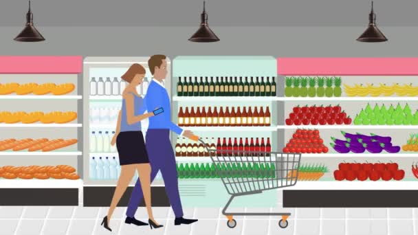 Hombres y mujeres pareja caminando dentro del mercado con carrito de compras, animación de dibujos animados - Metraje, vídeo