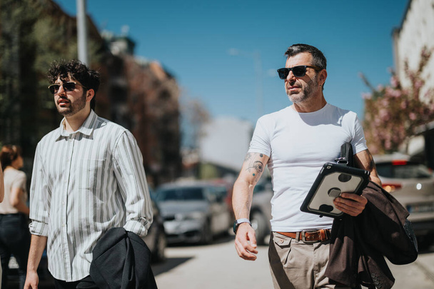Two cross generational male professionals in casual business attire walking on a city street, engaged in a serious business discussion. - Photo, Image