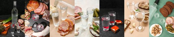 Collage de vodka frío y sabrosos aperitivos en la mesa - Foto, imagen