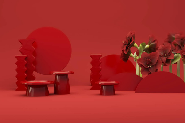3D displej pódia, tmavě červené pozadí s červenými květy. Pivoňky kvetou a palmový stín listů. Minimální podstavec pro krásu, kosmetický přípravek. Valentine, ženské kopírování prostor šablony 3d vykreslení - Fotografie, Obrázek