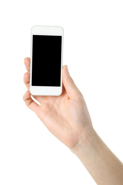 ruka držící mobilní chytrý telefon izolovaných na bílém - Fotografie, Obrázek