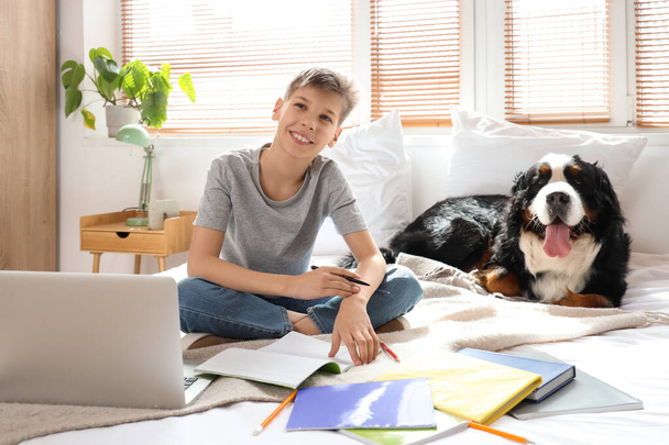 Мальчик с бернской горной собакой делает домашнее задание в спальне - Фото, изображение