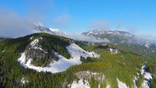 Vue aérienne d'arbres verts avec brouillard sur les pentes montagneuses. Paysage rocheux canadien couvert de neige en Colombie-Britannique, Canada. - Séquence, vidéo