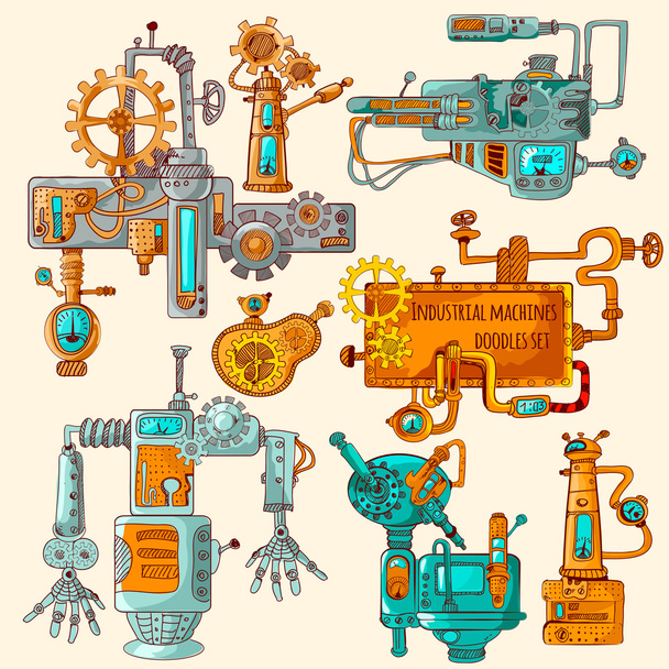 Przemysłowe maszyny Doodles kolorowe - Wektor, obraz