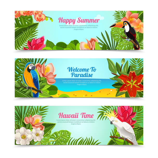 Tropical island flowers horizontal banners set - Vector, Image