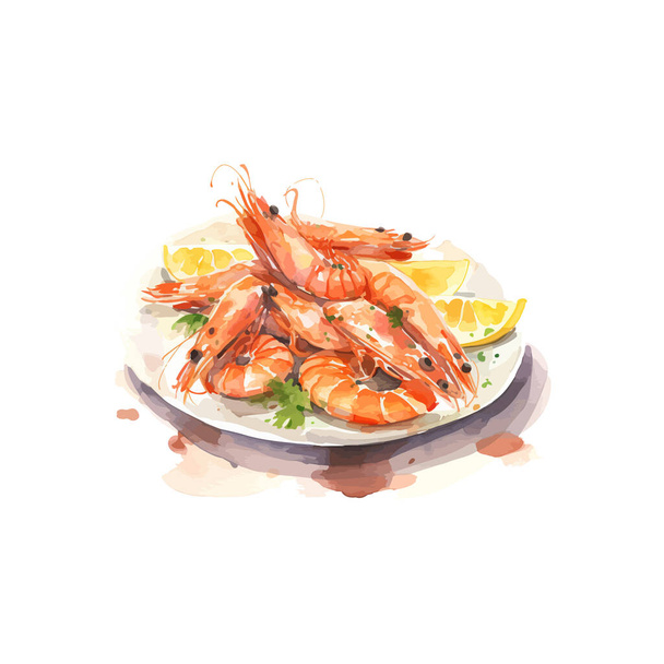 Ilustração aquarela de camarões cozidos em uma placa. Desenho de ilustração vetorial. - Vetor, Imagem