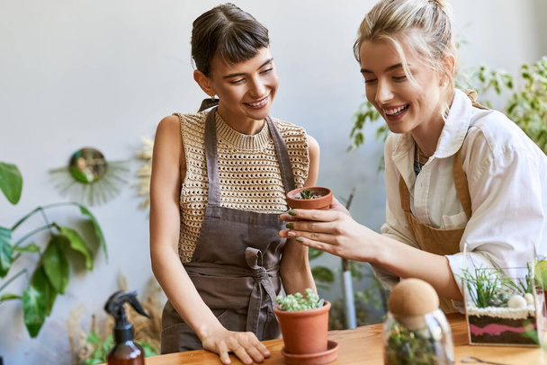 Dos mujeres admirando una planta en maceta con amor y curiosidad. - Foto, imagen
