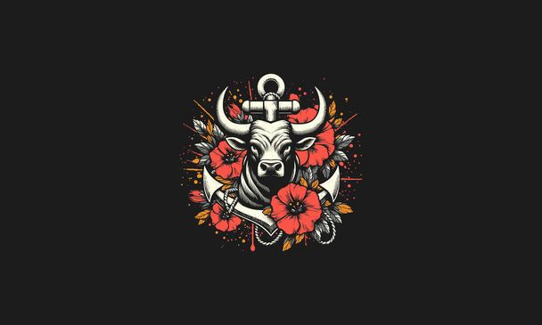 bull with flowers and anchor vector artwork design - Vector, Image