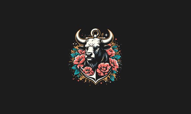 bull with flowers and anchor vector artwork design - Vector, Image
