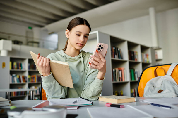 Une adolescente est assise à un bureau, absorbée par son téléphone après l'école, entourée de livres et d'un ordinateur portable.. - Photo, image