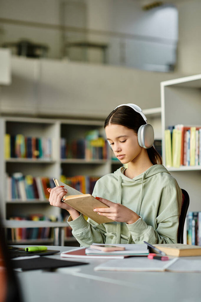 Ένα έφηβο κορίτσι βυθισμένο σε ένα βιβλίο, φορώντας ακουστικά, μελετώντας σε μια βιβλιοθήκη μετά το σχολείο. - Φωτογραφία, εικόνα