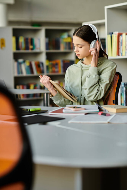 Ein Teenager mit Kopfhörern konzentriert sich auf seinen Laptop, während er an einem Schreibtisch in einer Bibliothek sitzt. - Foto, Bild