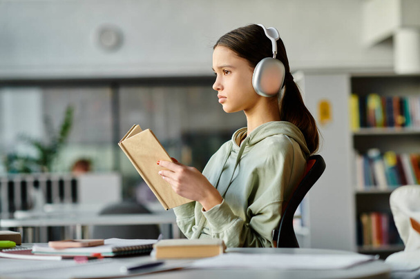 Μια έφηβη, με ακουστικά, κλεισμένη σε ένα βιβλίο σε μια βιβλιοθήκη ενώ ενσωματώνει σύγχρονες μεθόδους εκπαίδευσης. - Φωτογραφία, εικόνα