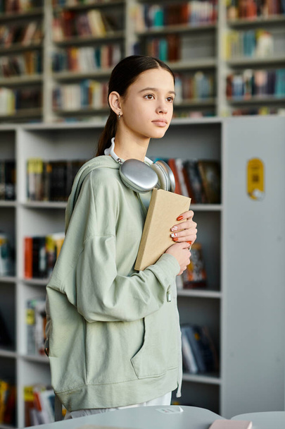 Ένα έφηβο κορίτσι βυθισμένο σε ένα βιβλίο, σε ένα ήσυχο περιβάλλον βιβλιοθήκης.. - Φωτογραφία, εικόνα