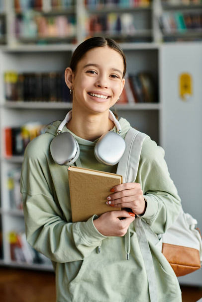 Een tienermeisje luistert naar een audioboek op een koptelefoon terwijl ze een boek vasthoudt in de bibliotheek. - Foto, afbeelding