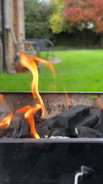 Zblízka ohně plameny v grilovací jámě, gargen na pozadí - Záběry, video