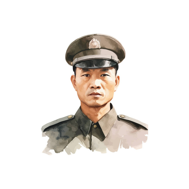 Officier militaire asiatique réfléchissant dans le style aquarelle. Illustration vectorielle. - Vecteur, image
