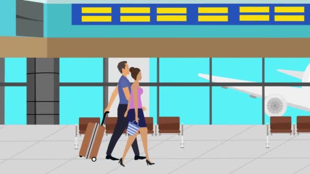 Мультфильм Плоская анимация Пара прогулок в аэропорту с багажом, время в пути - Кадры, видео