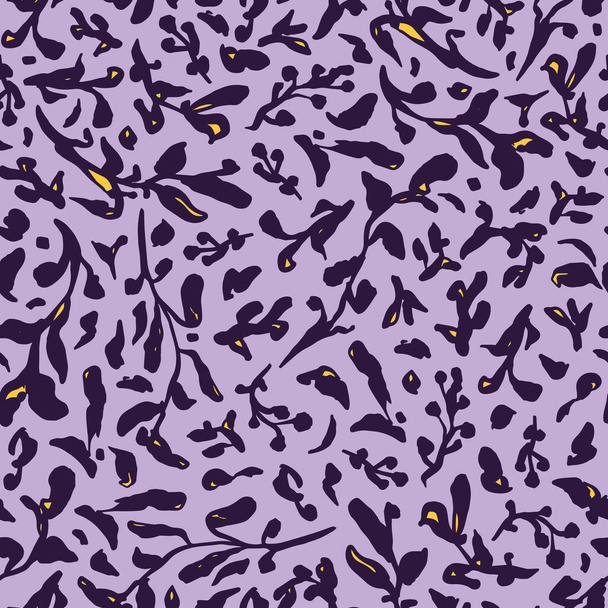 Modèle de répétition sans couture de botanique d'ombre vectorielle placée aléatoirement. Feuilles noires aop, impression de surface sur fond lilas. - Vecteur, image