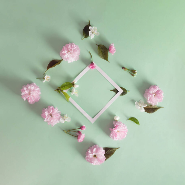 Geometrischer quadratischer Rahmen mit frischen japanischen Kirschblüten, kleinen Knospen und Blättern auf pastellfarbenem Mint und rosa Hintergrund. Kreativ flach gelegt. Kopierraum - Foto, Bild