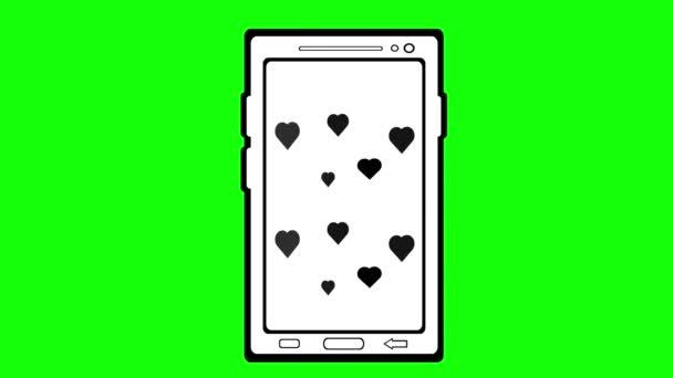 Video-Zeichnung Animation Mobiltelefon mit schwimmenden Herzen im Konzept der virtuellen oder kybernetischen Liebe, in schwarz-weißer Farbe gezeichnet. Auf einem grünen Chroma-Tastenhintergrund - Filmmaterial, Video