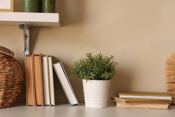 Estante con plantas de interior y libros en la pared beige en la habitación - Foto, imagen