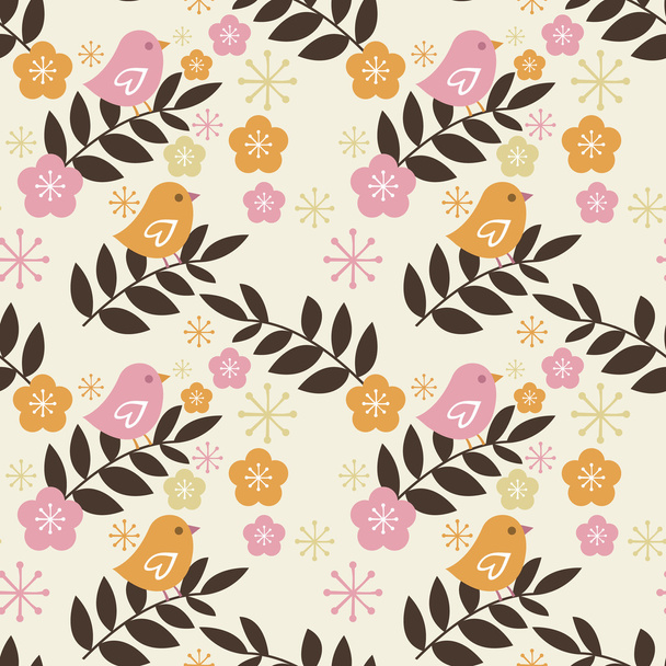 Retro Bird Cherry Blossom Seamless Pattern - Vektör, Görsel
