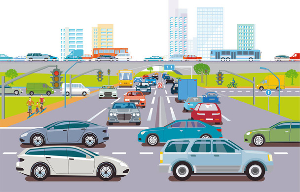 Silueta de ciudad de una ciudad con ilustración de atasco de tráfico - Vector, imagen
