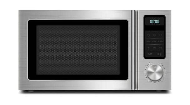 Realistic Microwave Isolated on White Background. Front Front viewof Stainless Steel Over the Range Microwave Oven. Household Kitchen and Domestic Appliances. Home Innovation. Vector 3D - ベクター画像