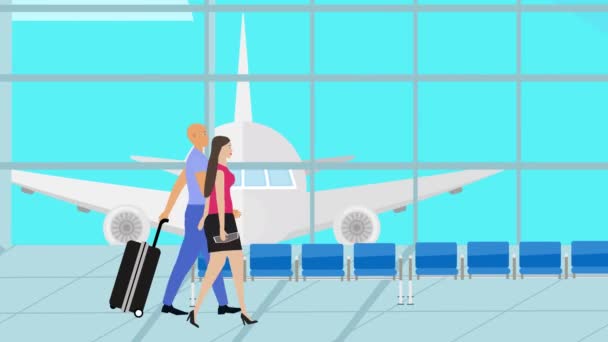 Dibujos animados Animación plana de Pareja caminando en el aeropuerto con equipaje, tiempo de viaje - Imágenes, Vídeo
