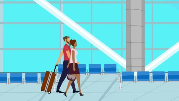 手荷物と空港を歩くカップルの漫画のフラットアニメーション,旅行時間 - 映像、動画