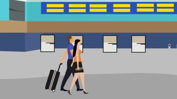Мультфильм Плоская анимация Пара прогулок в аэропорту с багажом, время в пути - Кадры, видео
