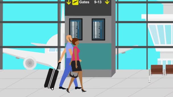 Dibujos animados Animación plana de Pareja caminando en el aeropuerto con equipaje, tiempo de viaje - Imágenes, Vídeo