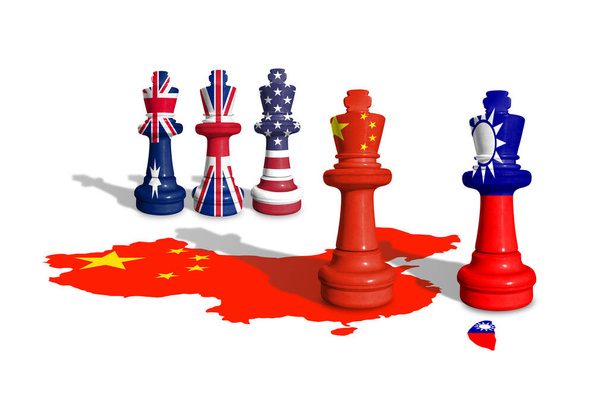 Chess made from China and Taiwan flags. Aukus is a trilateral security pact between Australia, the United Kingdom, and the United States - Photo, Image