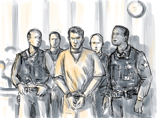 Pastel pencil pen and ink sketch illustration of an convicted defendant convict accompanied buy bailiff police officer for sentencing in courtroom or court of law drawing. - Photo, Image
