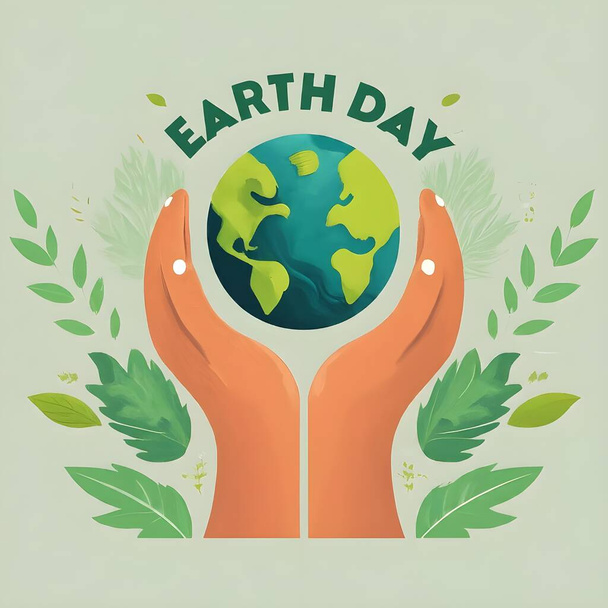 Vektor flache Illustration für Happy Earth Day Feier mit Erde Planet, grüne Bäume, Menschen, Natur, Hände, grüne Energie, Sonnentag - Foto, Bild